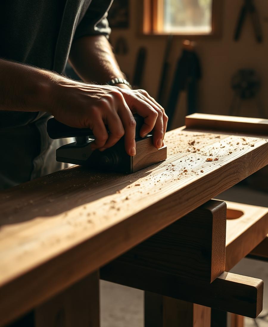 Carpenter hand-planing a walnut board in the Royal Touch workshop